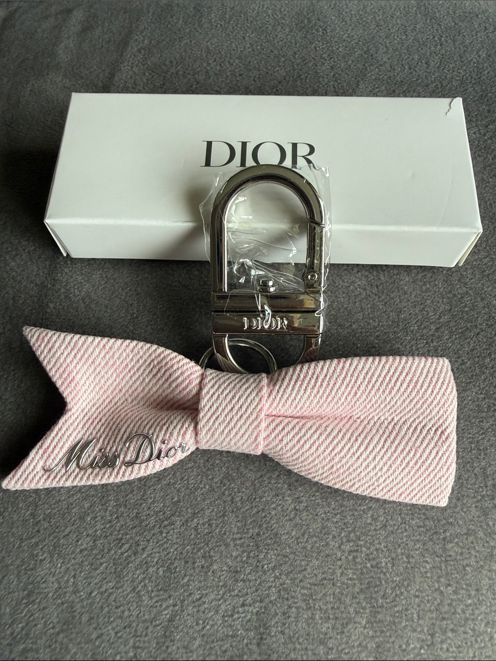 🆕 Dior - Miss Dior Pink Striped Bow Keychain ring with Silver Hardware